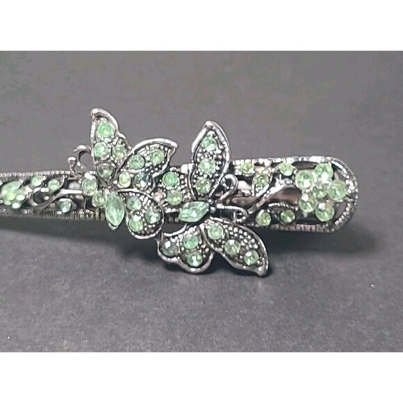 Vintage Hair Clip Clamp Ornate Rhinestone Embellishments Green Butterfly 5” - Picture 2 of 6